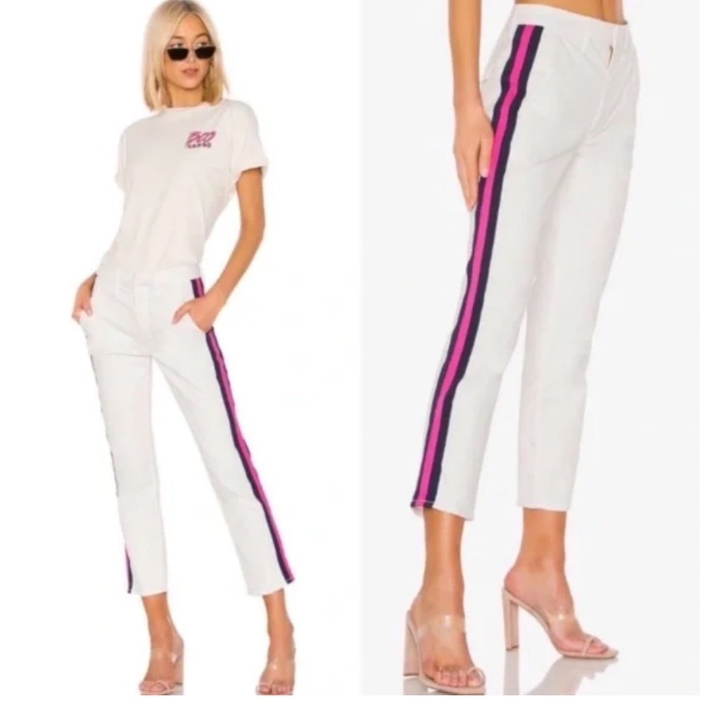 Mother The Straight Shaker Ankle Prep White Cropped Pant Chalk Racer Stripe 25